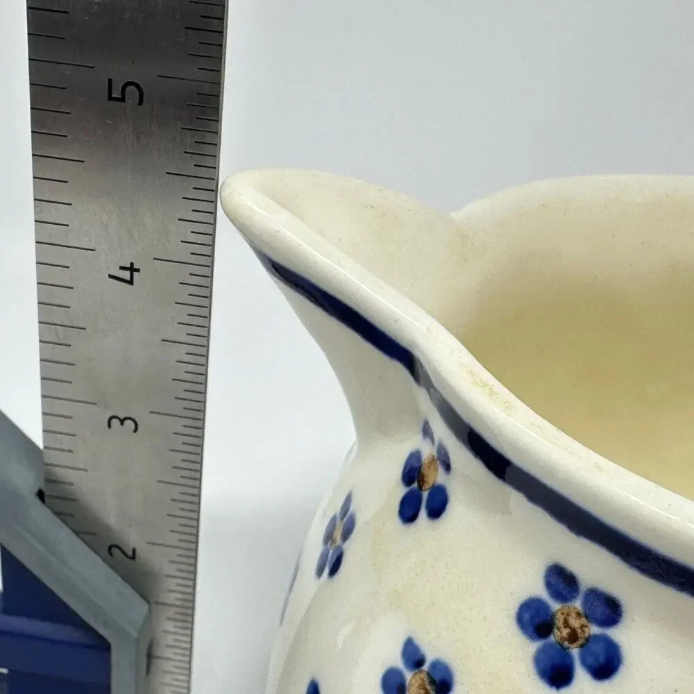 Vintage Heise Bunzlau Pitcher Squat Jug 1L/32oz Blue Daisy German Polish Pottery